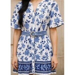 Joie Blue White Floral Button Front Belted Puff Sleeve Ruffle Hem Dress Size 14